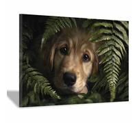 HUYEEI Cuadro En Lienzo Perros escondidos entre helechos Carteles de perro animales e impresiones, Adecuado para sala de estar, dormitorio, etc.（verde34-20x30cm Enmarcado