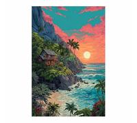 HUYEEI Cuadro sobre lienzo Acantilado Casa Puesta de sol imágenes de arte moderno,oficina hotel restaurante playa cuadros de pared para decoración（azul-40x60cm Sin marco