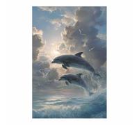 HUYEEI Impresión En Lienzo Océano Delfines y gaviotas entre las olas De Obras De Arte Moderno, Fácil De Colgar Para Sala De Estar Despacho Sala De Reuniones Entrada（azul-60x90cm Sin marco