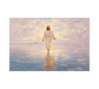 HUYEEI Jesús póster de Dios El agua se mueve con las gaviotas. huellas cristianas, decoración de pared, modernas, religiosas, para sala de estar, dormitorio（rosa144-60x90cm Sin marco