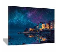 HUYEEI Painting Arte Mural En Lienzo Pueblo iluminado por las estrellas Carteles de Paisajes e impresiones, para sala de estar, dormitorio,Pasillo etc.（azul-60x90cm Enmarcado