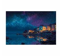 HUYEEI Painting Arte Mural En Lienzo Pueblo iluminado por las estrellas Carteles de Paisajes e impresiones, para sala de estar, dormitorio,Pasillo etc.（azul-70x100cm Sin marco