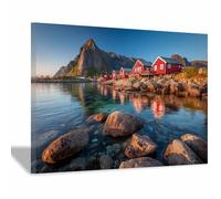 HUYEEI Paisaje Impresión Contemporánea Pintura Cala en un pueblo pesquero Carteles Mural para pared, Adecuado para sala de estar, dormitorio, etc.（azul-60x90cm Enmarcado