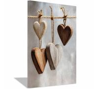 HUYEEI Patrón de amor Corazones de madera en una cuerda Modernos Impresiones Lienzo Arte Impresiones, para sala de estar Dormitorio Imagen Decoración del Hogar（marrón-60x90cm Enmarcado
