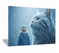 HUYEEI Pinturas en Lienzo, Gato conociendo a un niño, Cuadros artísticos de Pared para Sala de Estar Decoración Moderna para chambre à coucher el hogar Mural（azul y blanco-60x90cm Enmarcado