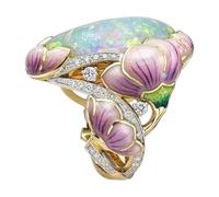 HUYTBYG Anillo de perlas esmaltado, anillo de hojas de flores, anillo de circonita completa para mujer, anillo de esmalte verde ópalo dorado para mujer, anillo de sello para mujer, One Size, Cobre