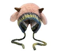 HUYTBYG Gorro de punto a prueba de invierno con bonito diseño de cuerno de felpa, gorro cálido con orejas forradas de forro polar, rosa, Talla única