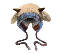 HUYTBYG Gorro de punto a prueba de invierno con bonito diseño de cuerno de felpa, gorro cálido con orejas forradas de forro polar, caqui, Talla única