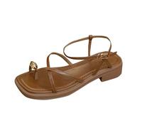 HUYTBYG Sandalias de verano para mujer con hebilla de una línea con clip, puntera de tacón grueso, correa fina, sandalias para mujer con tacón pequeño, Brown, 6 UK 3X-Narrow