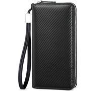 Huztencor Carteras largas de cuero para hombre, con bloqueo RFID, cartera plegable con cremallera, Negro carbón y naranja, L, Classic