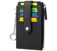 Huztencor Tarjetero pequeño RFID para mujer, delgado, con múltiples cremalleras, con llavero, Cuero encerado al aceite, color negro, S, Cartera con llavero