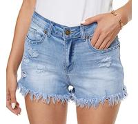 HVEPUO Pantalones cortos de verano de mujer, vaqueros estilo mom con botones y agujeros, skinny, A-azul claro., M