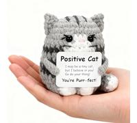 HVIHWI Amigurumi Gato Positivo, Regalo Alentador y Amuleto de la Suerte, Muñeca Hecha a Mano para Apoyo Emocional, Regalo Motivacional para Amigos, Colegas y Familia, Mini Decoración Gris