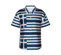 HVTTIOR Camisa hawaiana ligera con estampado de bandera griega para hombre, manga corta, con botones, para vacaciones en la playa, Negro -, Large