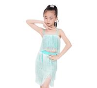 HWBZSZY Niñas Vestido de Baile Latino Traje de Baile de Borla Conjunto de 2 Piezas Camisola y Falda sin Mangas Salón de Baile Salsa Tango Faldas Competencia Rendimiento Ropa Baile,Verde,150cm