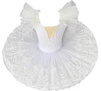 HWBZSZY Ropa de Ballet para niñas Vestido de tutú para niños Mangas con Volantes Leotardo Traje de Bailarina con Falda de Tul Bordado Floral Ropa de Baile de práctica de Gimnasia,Blanca,120