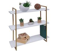 HWC-K78 - Estantería Flotante de Pared para Almacenaje (3 estantes, metal, madera maciza, 60 x 60 x 18 cm), color blanco y dorado
