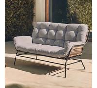 HWC-P75 - Sofá de jardín de 2 plazas, tejido de 220 g/m², polirratán, metal, color gris oscuro, acolchado gris claro
