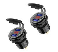 HWIREUIGT 2X Cargador de Coche USB de Carga Rápida 3.0 Dual 12V, Enchufe de Aluminio con Botón de Interruptor Y Voltímetro Digital Rojo, Impermeable