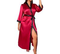 HWJFDC Bata Mujer Bata Sexy de Seda Helada for Mujer, Bata de casa de Talla Grande 3XL, 4XL y 5XL, camisón Largo Tipo Kimono, Bata de baño Elegante for Dormir.(Red B,5XL)