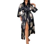 HWJFDC Bata Mujer Bata Sexy de Seda Helada for Mujer, Bata de casa de Talla Grande 3XL, 4XL y 5XL, camisón Largo Tipo Kimono, Bata de baño Elegante for Dormir.(Balck Flower A,5XL)