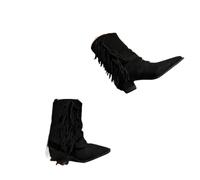 HWJFDC Botas Mujer Botas de mujer moda con borlas puntiagudas vaqueras otoño vintage gamuza, suela, antideslizantes, tacón bajo, hasta el tobillo(Black,37)
