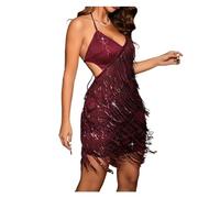 HWJFDC Vestido Flecos Vestido Ajustado Sexy con Escote en V Profundo y Espalda Descubierta for Mujer, Vestido Ajustado con Flecos y borlas for Fiesta, Minivestido con Tirantes(Burgundy,M)