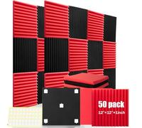 HWLIYUTAI Paquete de 50 paneles acústicos de 1 x 12 x 12 pulgadas, cuñas de espuma acústica de estudio de alta densidad, cuñas insonorizadas, color carbón (negro y rojo)