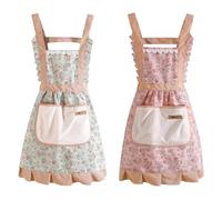 Hwtcjx 2 Piezas Delantal Antiincrustante y Ajustable, Delantal de Cocina, Mandiles con Bolsillos para Cocinar y Hornear para Mujeres, Hombre y Pareja, Flores (Verde+Rosa)