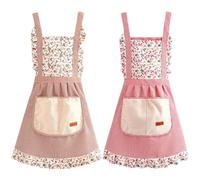 Hwtcjx 2 Piezas Delantal Antiincrustante y Ajustable, Delantal de Cocina, Mandiles con Bolsillos para Cocinar y Hornear para Mujeres, Hombre y Pareja, Florales a Rayas (Rosa, Café)