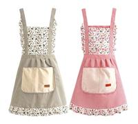 Hwtcjx 2 Piezas Delantal Antiincrustante y Ajustable, Delantal de Cocina, Mandiles con Bolsillos para Cocinar y Hornear para Mujeres, Hombre y Pareja, Florales a Rayas (Verde, Rosa)