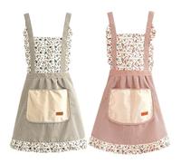 Hwtcjx 2 Piezas Delantal Antiincrustante y Ajustable, Delantal de Cocina, Mandiles con Bolsillos para Cocinar y Hornear para Mujeres, Hombre y Pareja, Florales a Rayas (Verde, Café)