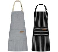 Hwtcjx 2 Piezas Delantal Antiincrustante y Ajustable, Delantal de Cocina, Rayas Mandiles con Bolsillos para Cocinar y Hornear para Mujeres, Hombre y Pareja (Rayas Gruesas Negras y Rayas Finas Azules)