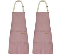 Hwtcjx 2 Piezas Delantal Antiincrustante y Ajustable, Delantal de Cocina, Rayas Mandiles con Bolsillos para Cocinar y Hornear para Mujeres, Hombre y Pareja (Rayas finas rosas)