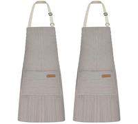 Hwtcjx 2 Piezas Delantal Antiincrustante y Ajustable, Delantal de Cocina, Rayas Mandiles con Bolsillos para Cocinar y Hornear para Mujeres, Hombre y Pareja (Café rayas finas)