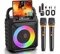 HWWR Máquina de karaoke con 2 micrófonos, altavoz de karaoke Bluetooth portátil con luces de DJ para fiestas y exteriores, micrófono inalámbrico para adultos y niños, sistema PA de karaoke compatible