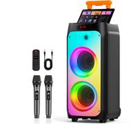 HWWR Máquina de karaoke con 2 micrófonos inalámbricos, altavoz de karaoke Bluetooth portátil para exteriores, altavoz de fiesta grande con luces de discoteca para reuniones, el mejor regalo para