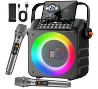 HWWR Máquina de karaoke con 2 micrófonos inalámbricos, máquina de karaoke portátil para adultos y niños, altavoz Bluetooth con micrófono, sistema PA y luces LED para cantar en casa, fiesta al aire