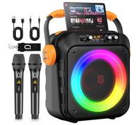 HWWR Máquina de karaoke con 2 micrófonos inalámbricos para adultos y niños, altavoz Bluetooth portátil con micrófonos, sistema PA, efecto eco, graves profundos, luces de discoteca para reuniones de