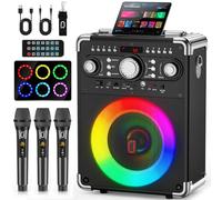 HWWR Máquina de karaoke con 3 micrófonos, altavoz Bluetooth con ajuste de eco para adultos, máquina portátil compatible con TWS, USB, tarjeta TF, guitarra, TV conectada para exteriores, eventos y