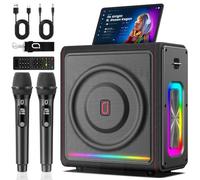 HWWR Máquina Karaoke con 2 micrófonos inalámbricos Altavoces Bluetooth 5.3 con Ajuste de bajo/Alto/Eco y corrección automática de Tono Sistema PA con Luces RGB, Soporte para TV/TF/USB/AUX/TWS