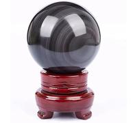 HWXMUGLXL Black Obsidian Crystal Sphere Ball with Rainbow Eye,Feng Shui with Wood Stand Sculpture Figurine for Home Decor Divination Photography,12cm/4.7in Gemstone Stone
