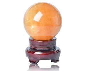 HWXMUGLXL Citrine Crystal Ball Polished Iceland Spar Calcite Sphere Figurines Rock Prop Home Office Decor Gift with Stand,15cm/5.9in Gemstone Stone