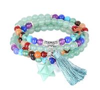 HXFFXHF Cristal de amatista de piedra natural para mujeres - 108 perlas de brazalete verde de aventurina, 7 collar de chakra con joya de energía colgante de borla aventurina verde