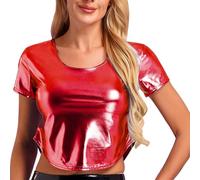 Hxiaen Camiseta corta de manga corta con cuello redondo metálico brillante reflectante de color sólido para mujer, A1-rojo, L