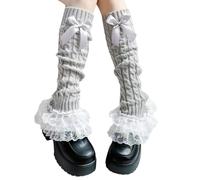 HXNH Calentadores de piernas de punto trenzado, calcetines sin pies con lazos, para mujer, con volantes, de encaje, puños para botas, calcetines de punto trenzado, gris, Talla única