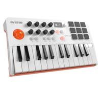 HXW - Teclado MIDI de 25 teclas con 9 teclas retroiluminadas para batería, pantalla OLED, Bluetooth para iPad/iPhone/Mac y PC, software de producción de música gratuito, color blanco