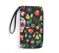 Hxwokrum Cartera de cuero, cartera de cuervo de calavera de Halloween, con cuerda, tamaño pequeño y gran capacidad, fácil de transportar, Calaveras mexicanas de azúcar, 19.7x10.5cm, Moderno
