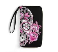 Hxwokrum Cartera de piel, cartera de mal de ojo, con cuerda, tamaño pequeño y gran capacidad, fácil de transportar, Calavera de azúcar rosa, 19.7x10.5cm, Moderno