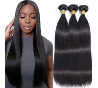 Hxxcoup 22 24 26 Inch Extension Humano Cabello Human Hair Bundles Straight Double Weft 1B Natural Black Minimal Tangle Unprocessed Brasileñ Virgin Hair for Woman 3 Bundle Total 300g
